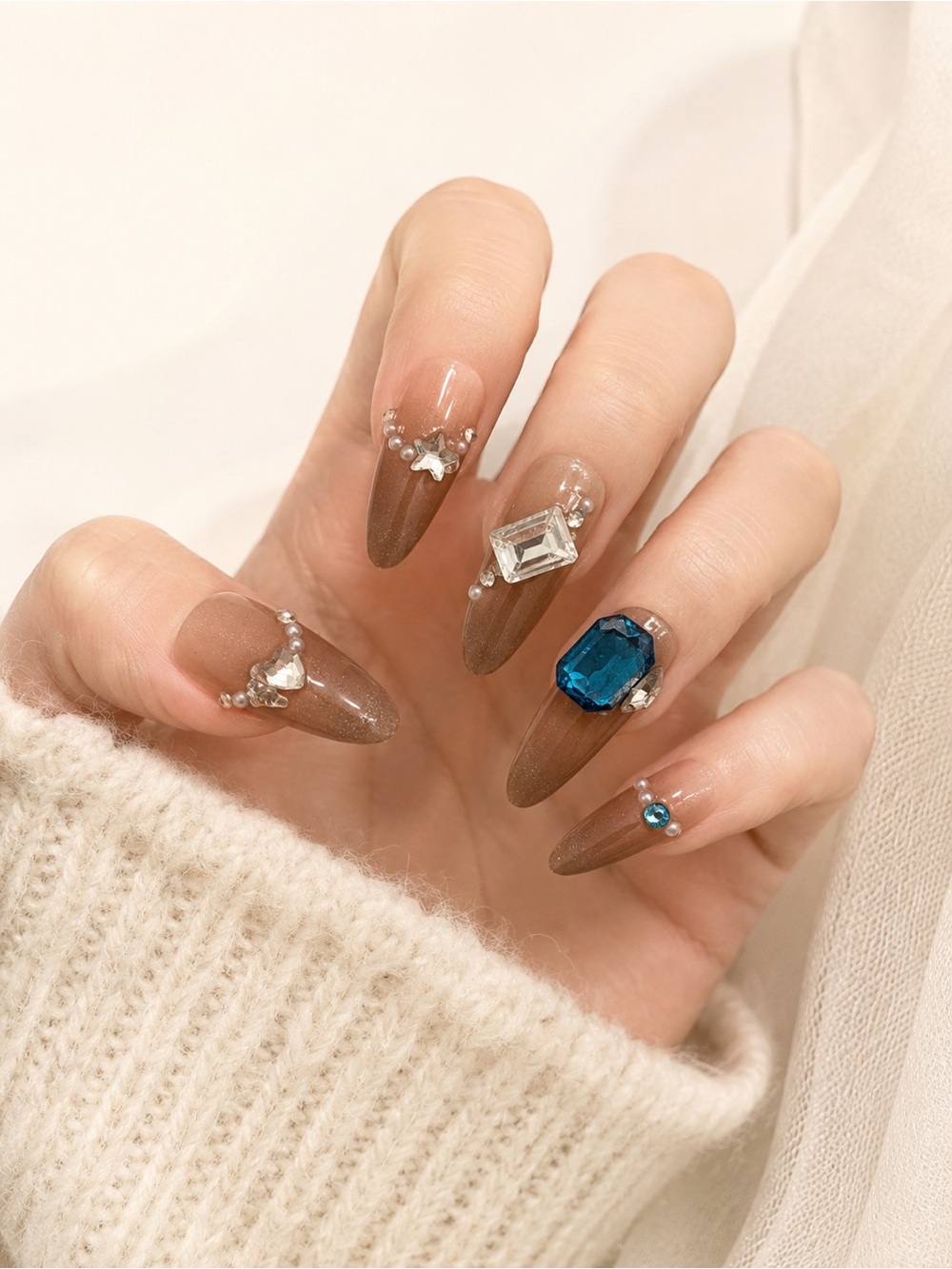 Brown Nude Blue Crystal Press On Nails Luxury 3D Rhinestone Set size M